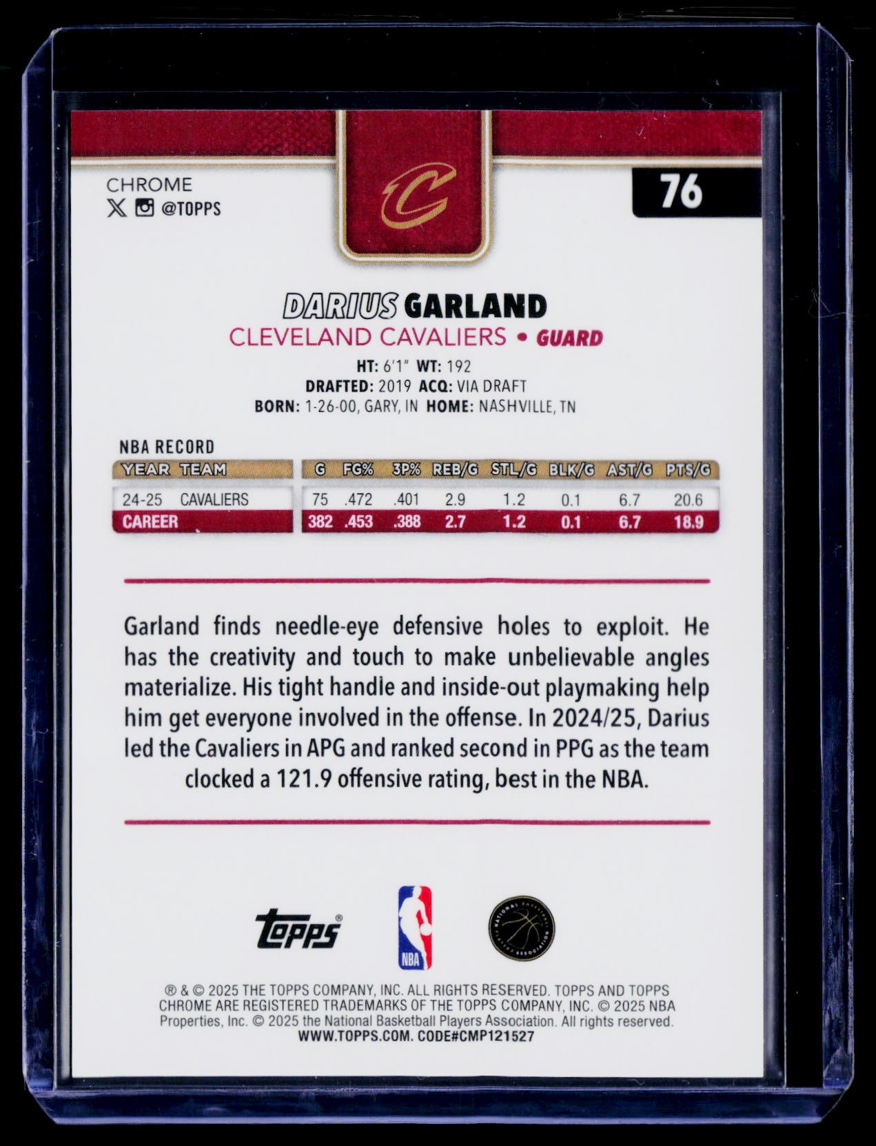 2025-26 Topps Chrome #76 Darius Garland Gold Pulsar Refractor #/50