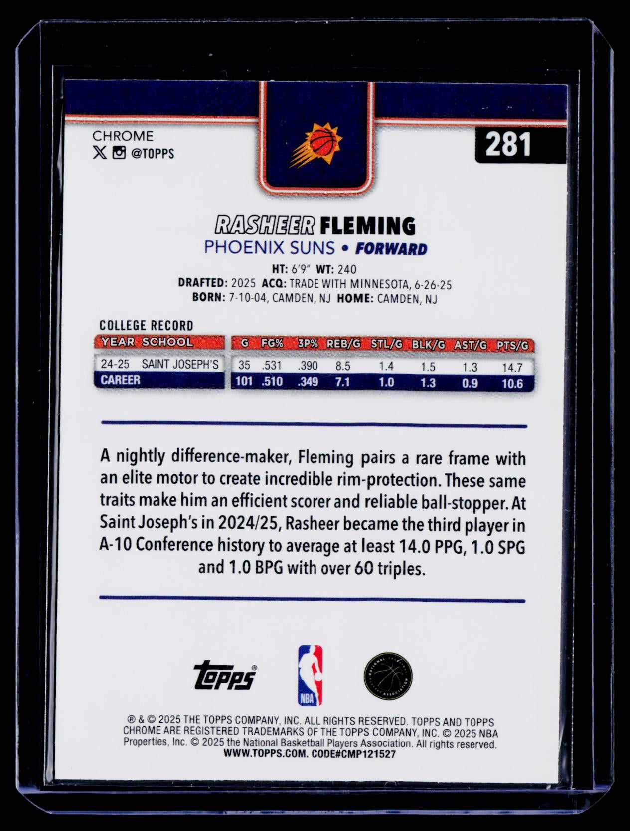 2025-26 Topps Chrome #281 Rasheer Fleming Purple Pulsar Refractor #/75