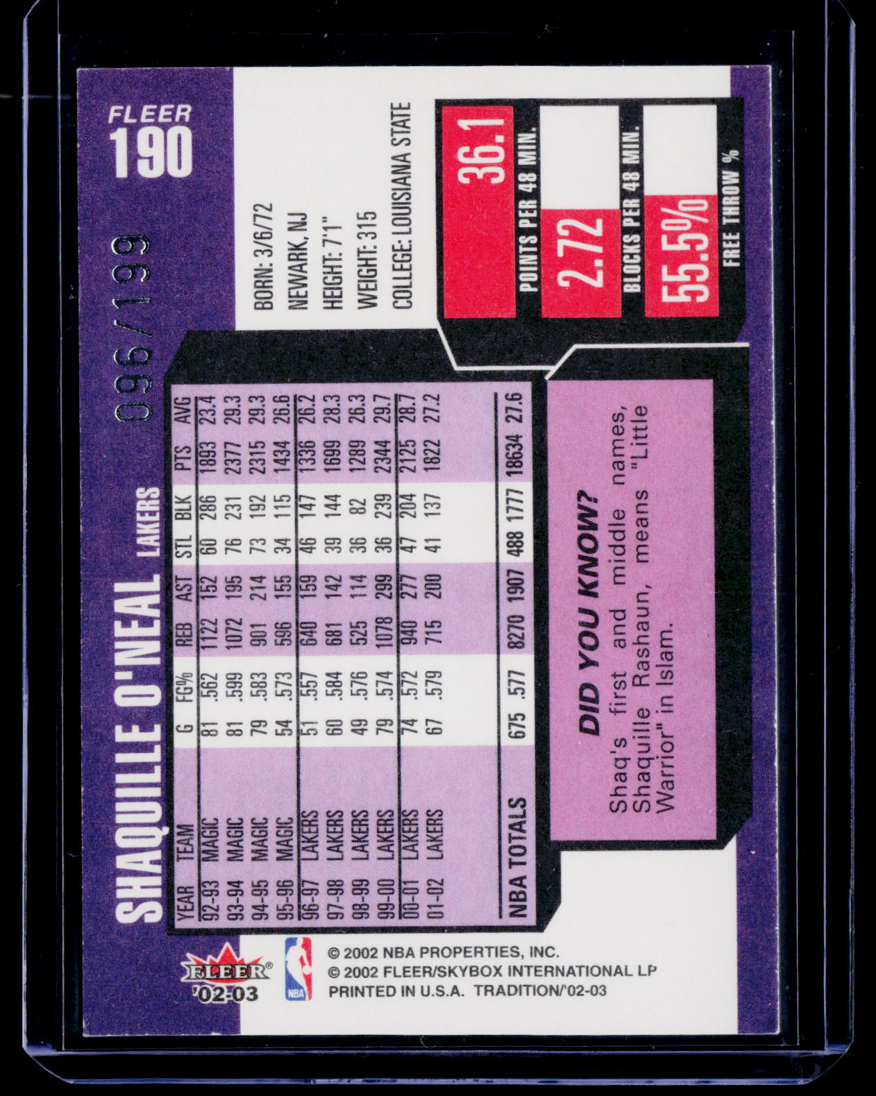 2002-03 Fleer Tradition #190 Shaquille O'Neal Crystal #/199