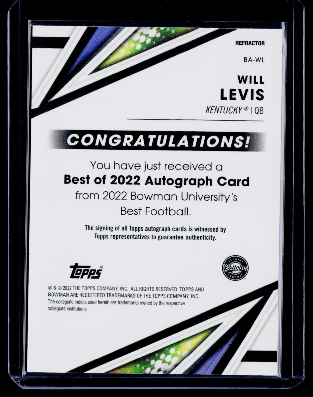 2022-23 Bowman's Best University #BA-WL Will Levis Best of 2022 Auto Reractor