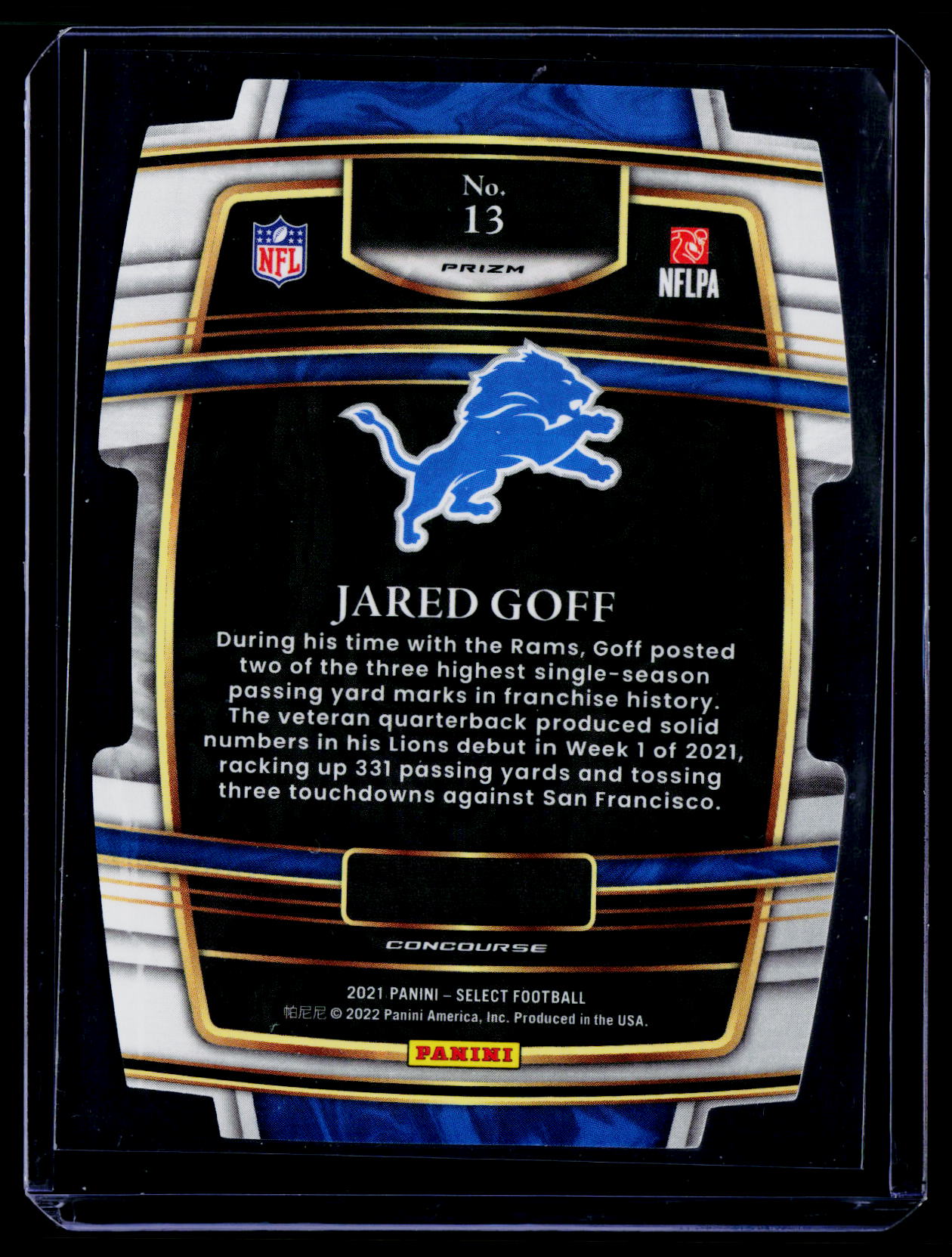 2021 Panini Select #13 Jared Goff Zebra Prizm Die Cut