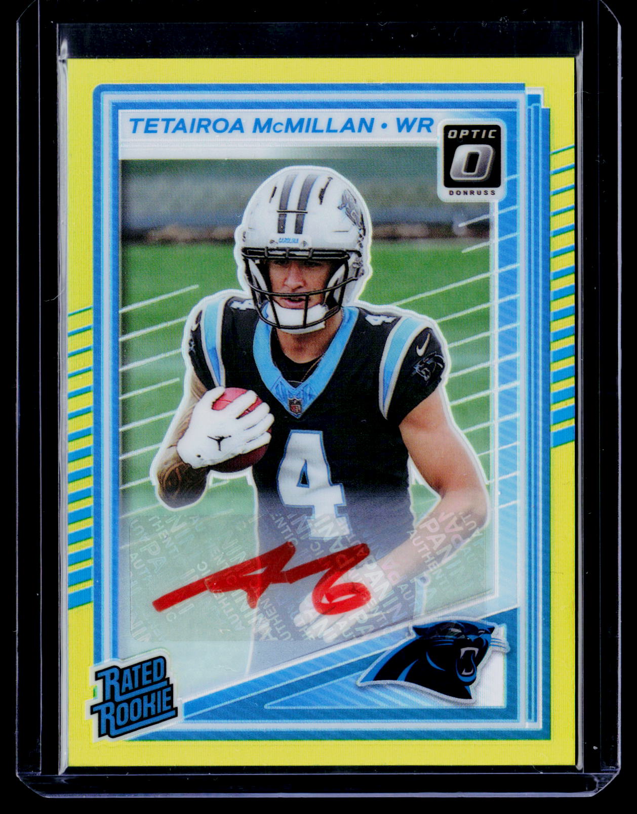 2025 Donruss Optic #209 Tetairoa McMillan Rated Rookies Auto Neon Yellow #/99