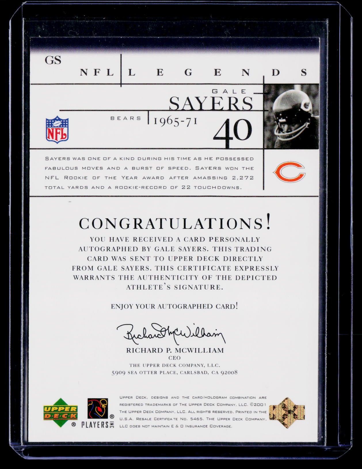 2001 Upper Deck Legends #GS Gale Sayers Autographs