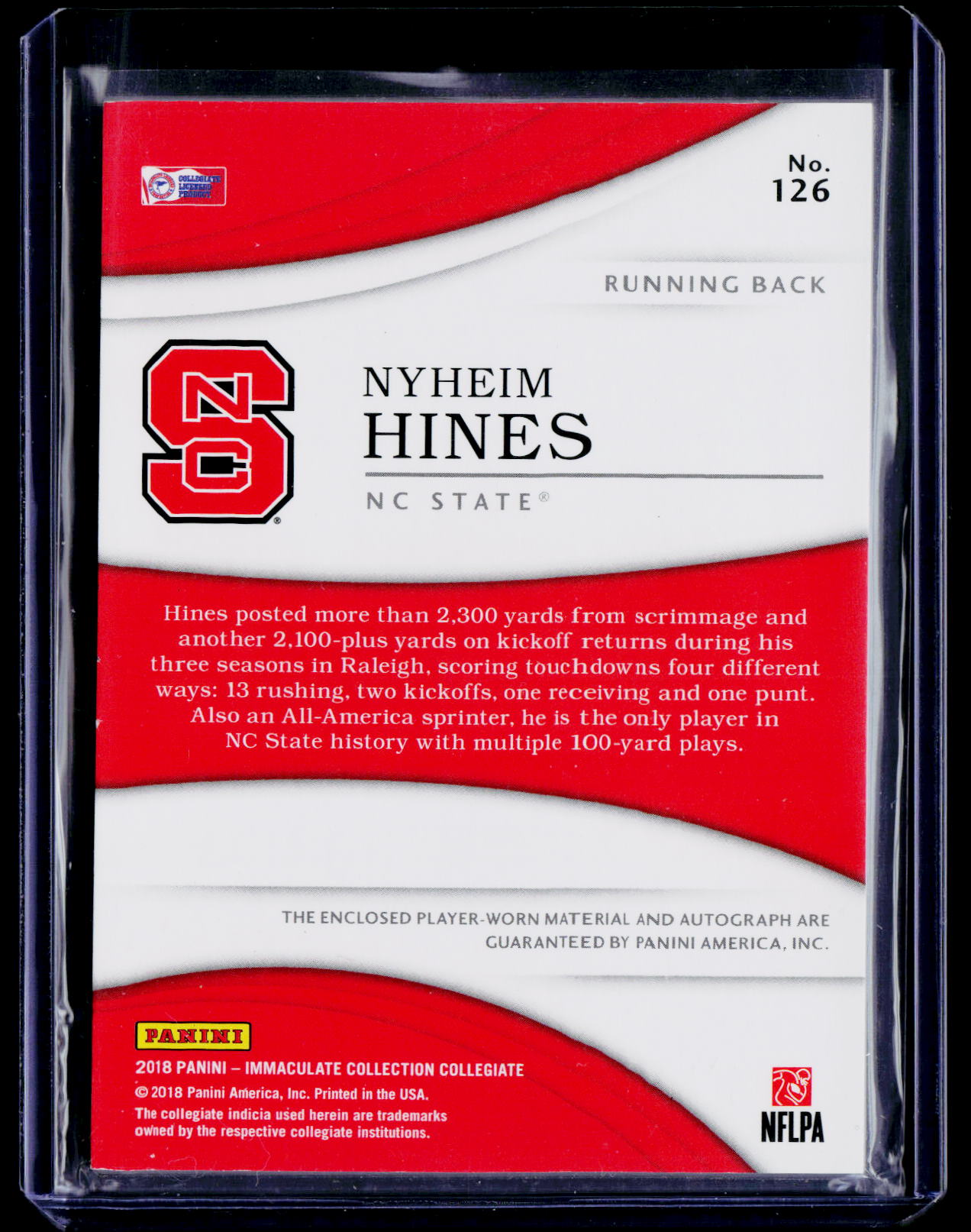 2018 Immaculate Collegiate Nyheim Hines Premium Patches Rookie Auto #/5