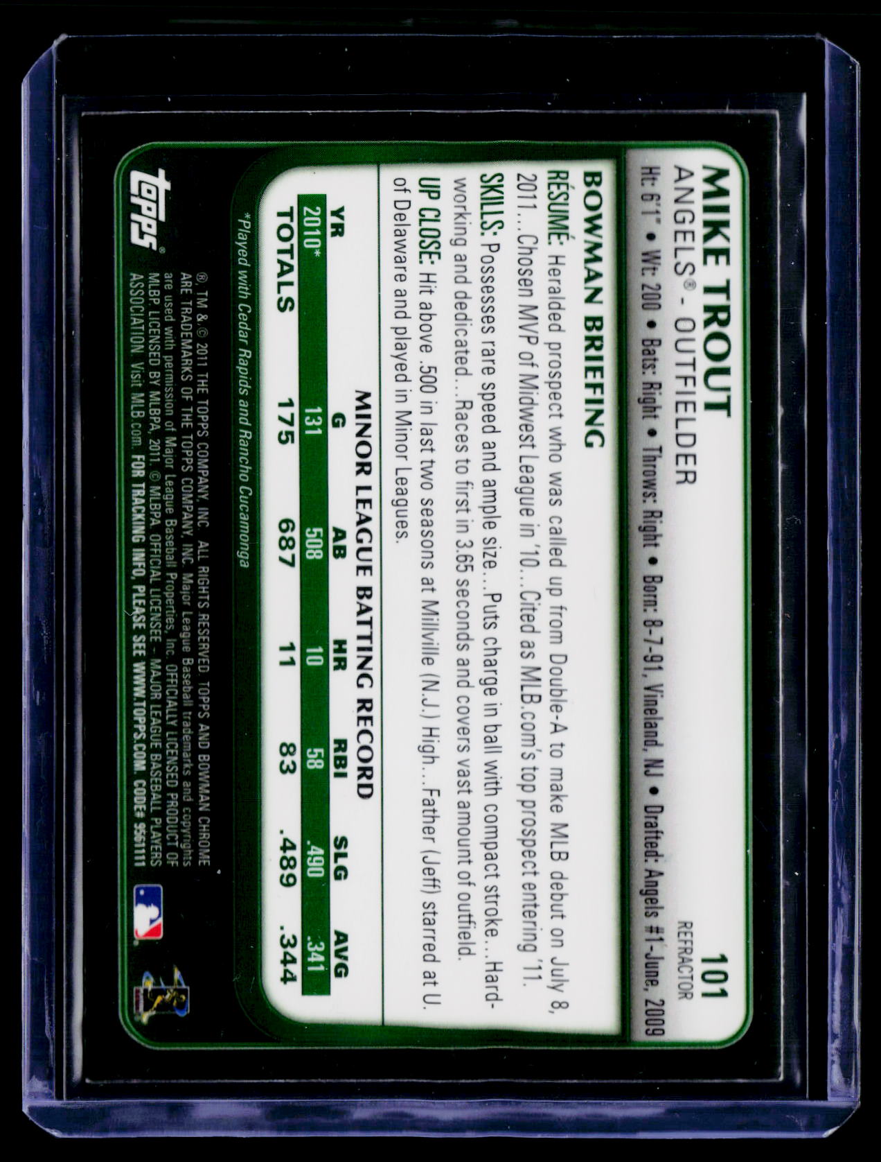 2011 Bowman Draft Picks & Prospects #101 Mike Trout Chrome Refractors