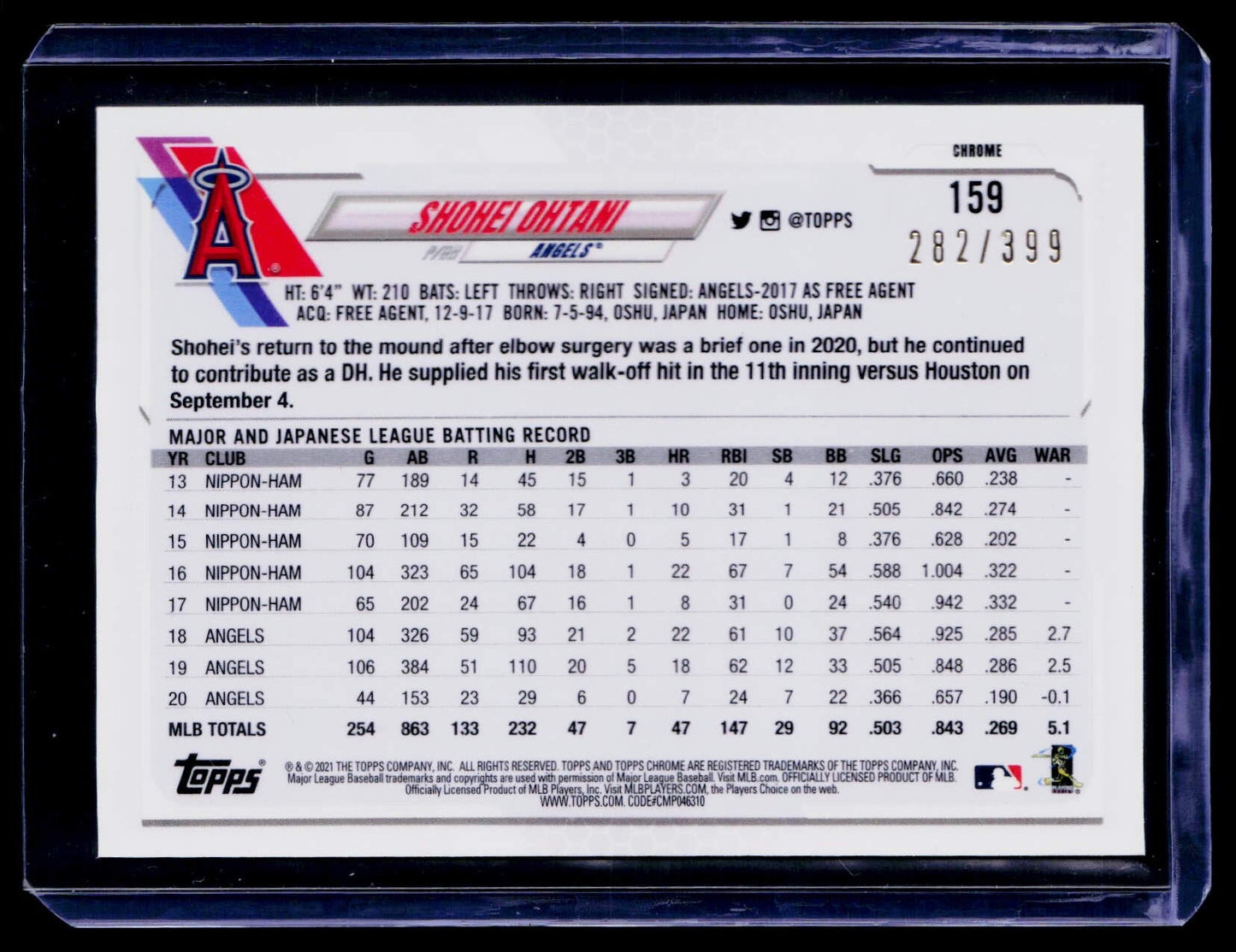 2021 Topps Chrome #159 Shohei Ohtani Pink Refractor #/399