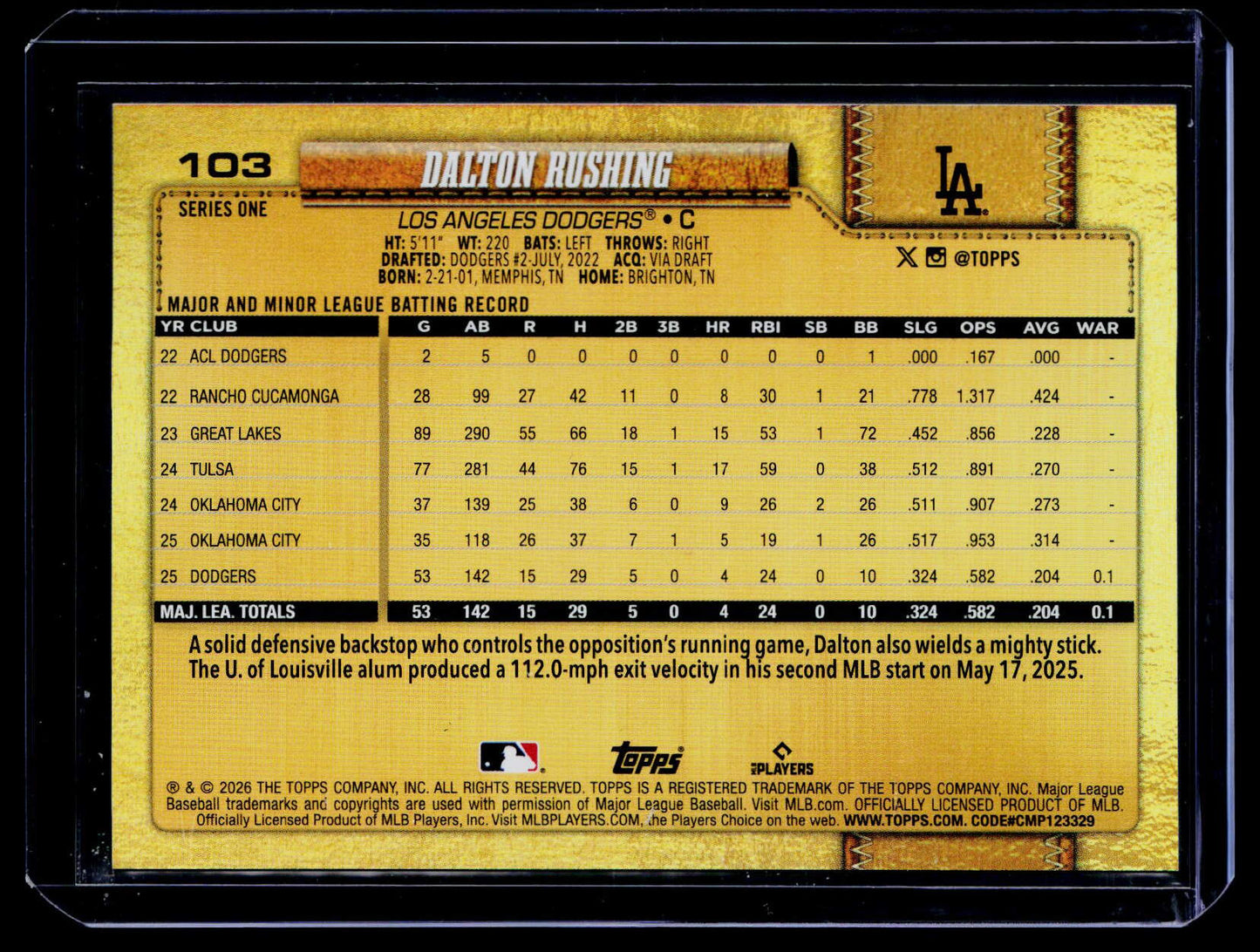 2026 Topps #103 Dalton Rushing Golden Mirror Variations