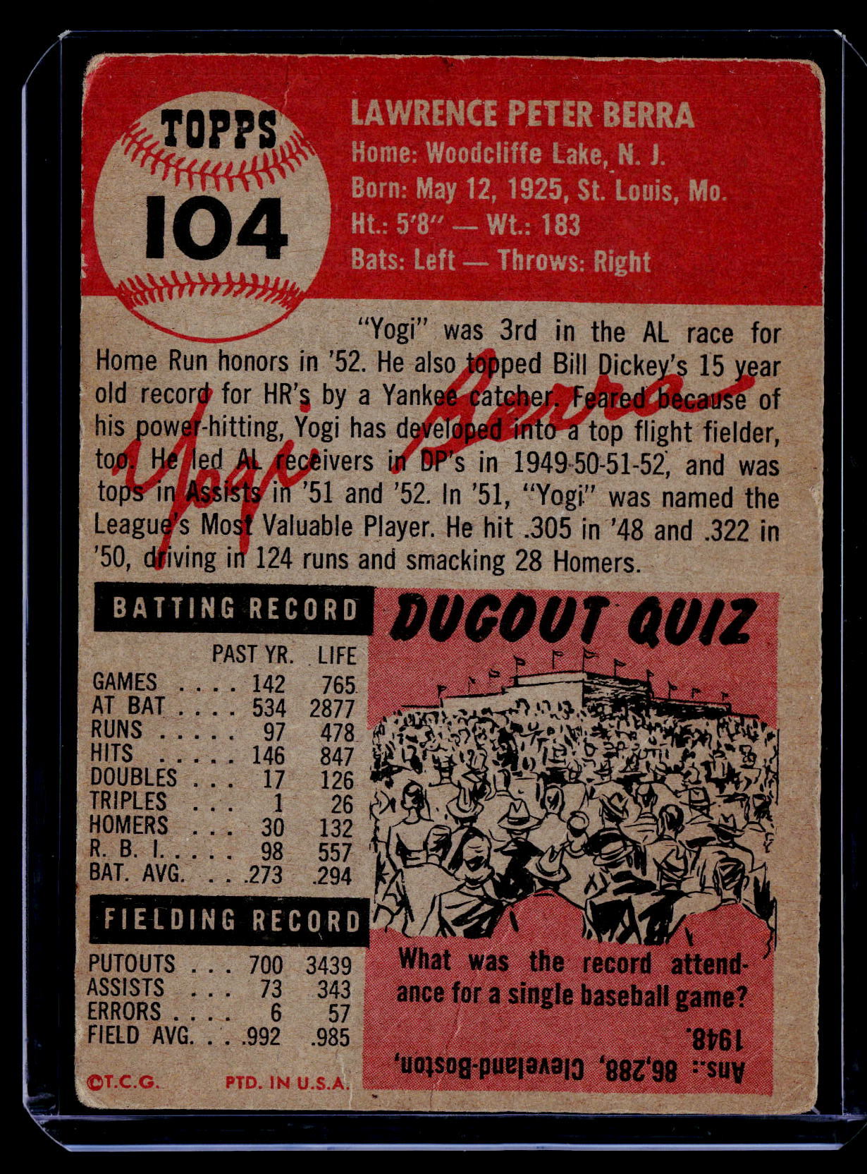 1953 Topps #104b Yogi Berra