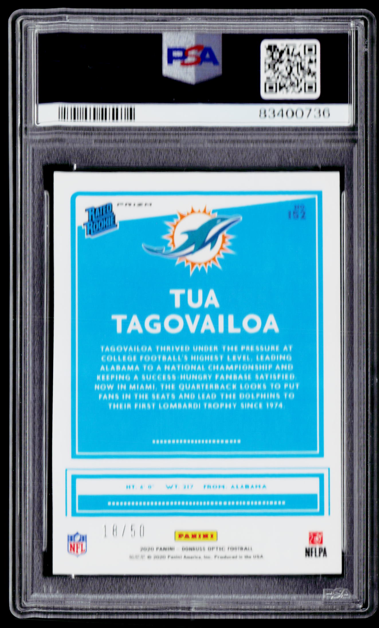 2020 Donruss Optic #152 Tua Tagovailoa Purple PSA 10 #/50