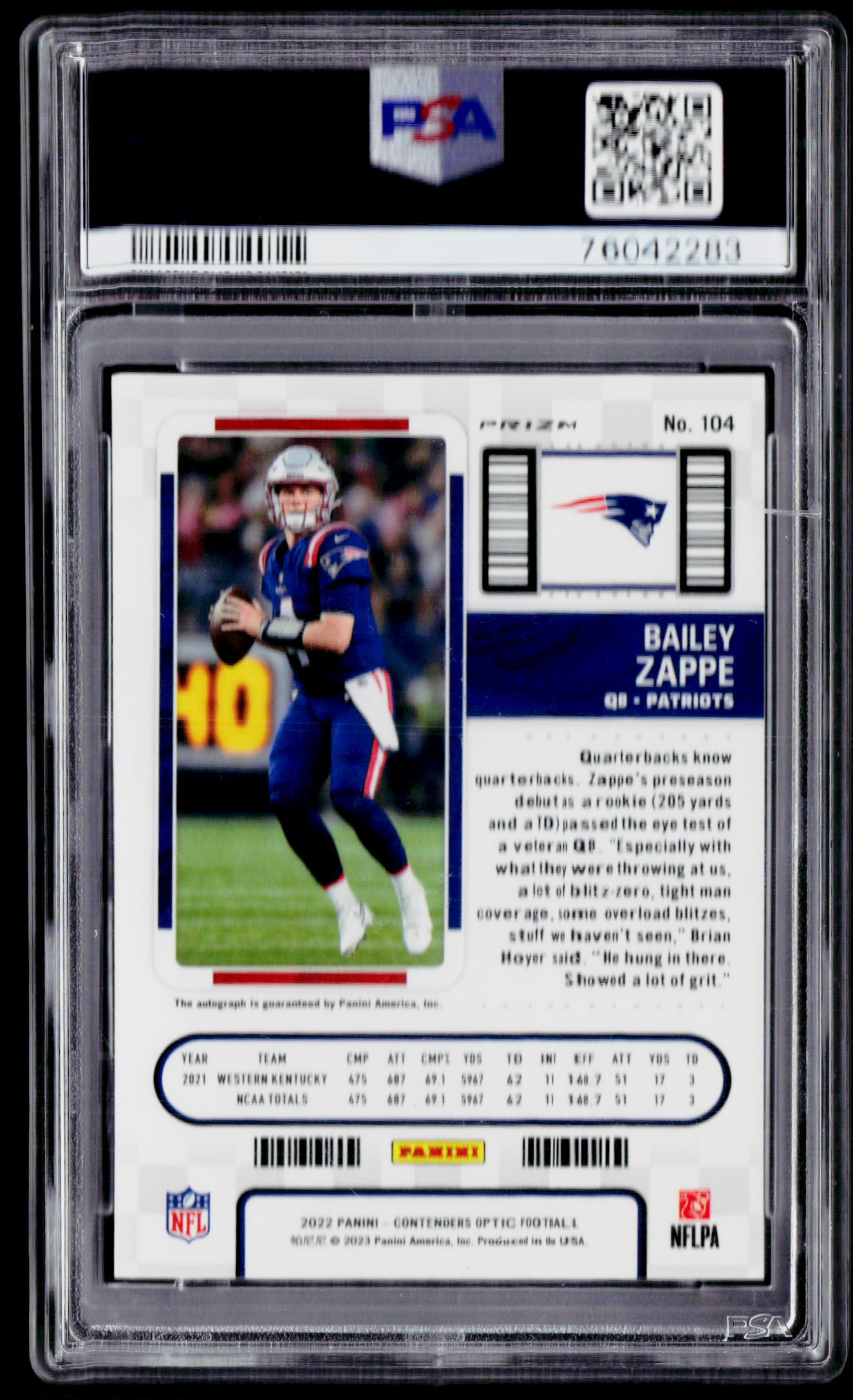 2022 Panini Contenders Optic #104 Bailey Zappe Autograph-Silver PSA AUTO 10
