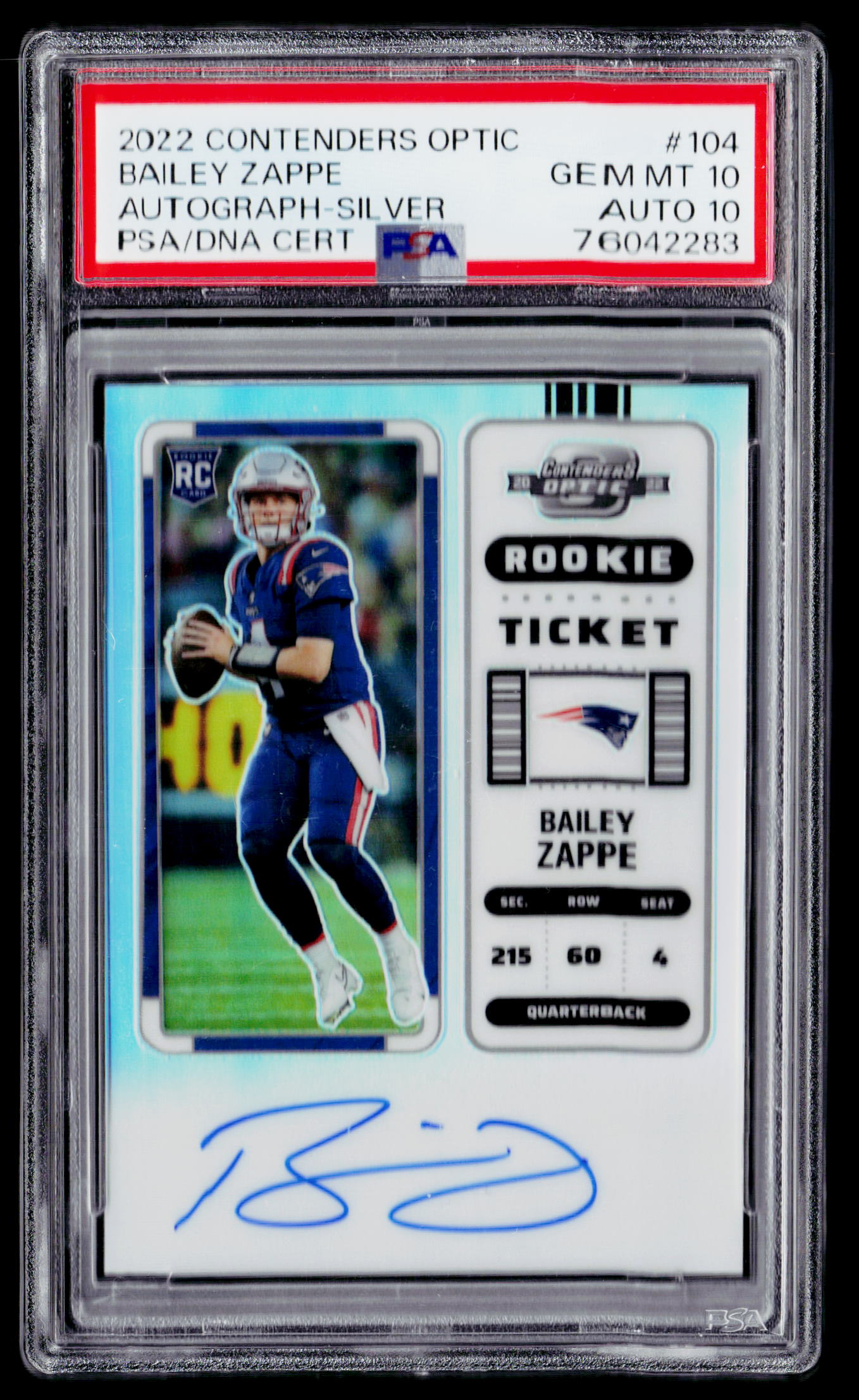 2022 Panini Contenders Optic #104 Bailey Zappe Autograph-Silver PSA AUTO 10