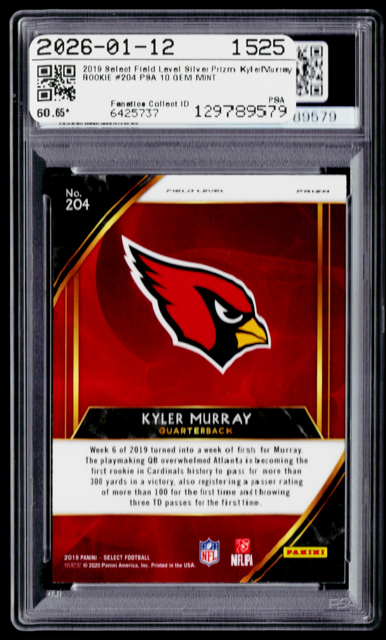2019 Panini Select #204 Kyler Murray Silver Prizm PSA 10