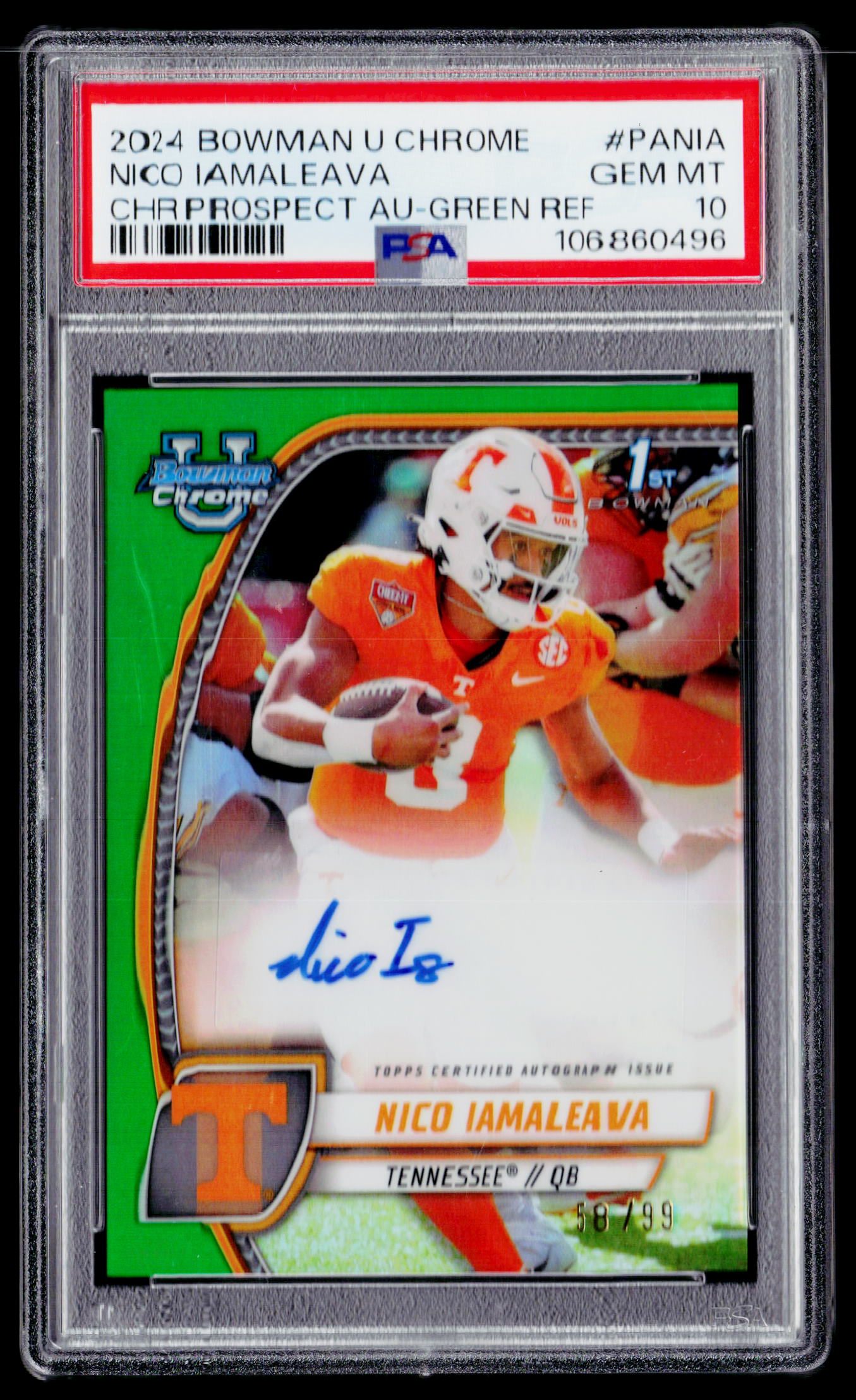 2024 Bowman University Chrome Nico Iamaleava Prospect Au-Green Ref PSA 10 #/99