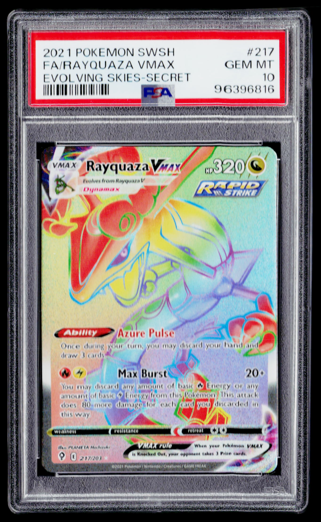 SWSH07: Evolving Skies #217/203 Rayquaza VMAX (Secret) PSA 10