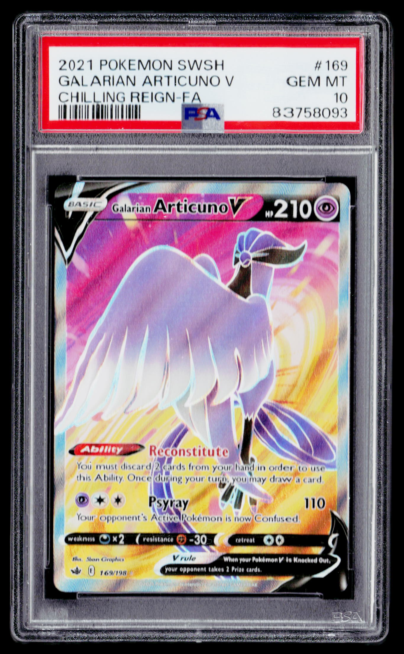 SWSH06: Chilling Reign #169/198 Galarian Articuno V (Full Art) PSA 10