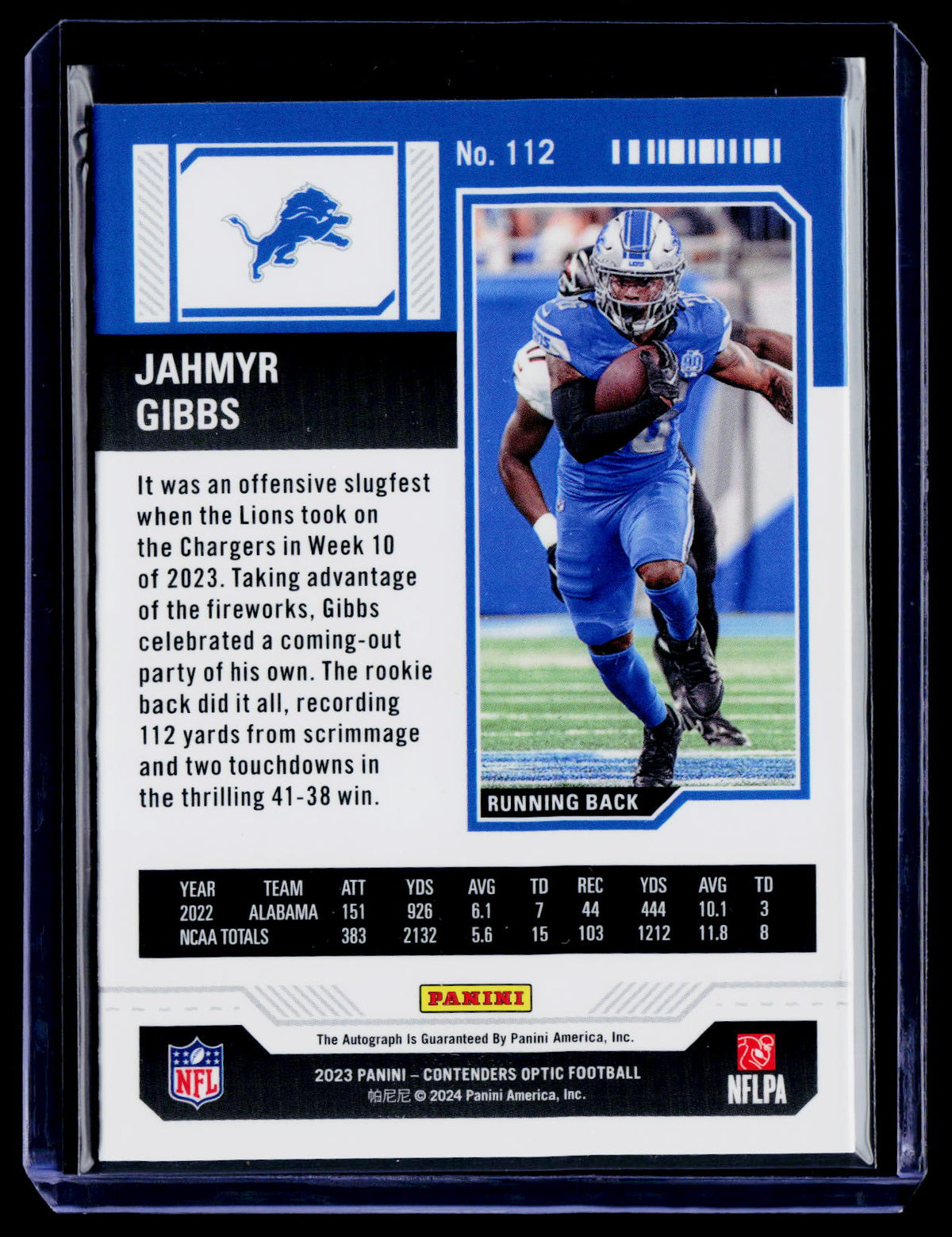 2023 Panini Contenders #112 Jahmyr Gibbs Rookie Ticket Auto