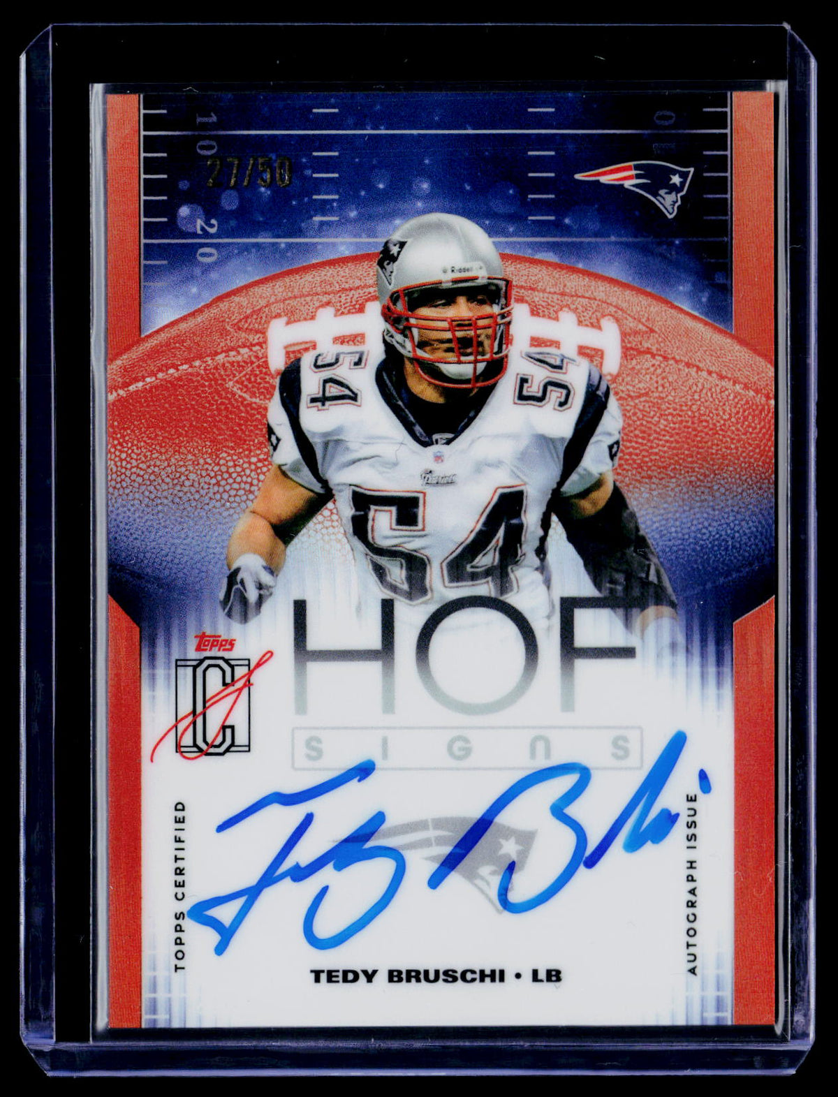 2025 Topps Signature Class #HOF-TB Tedy Bruschi HOF Signs Orange Refractor #/50