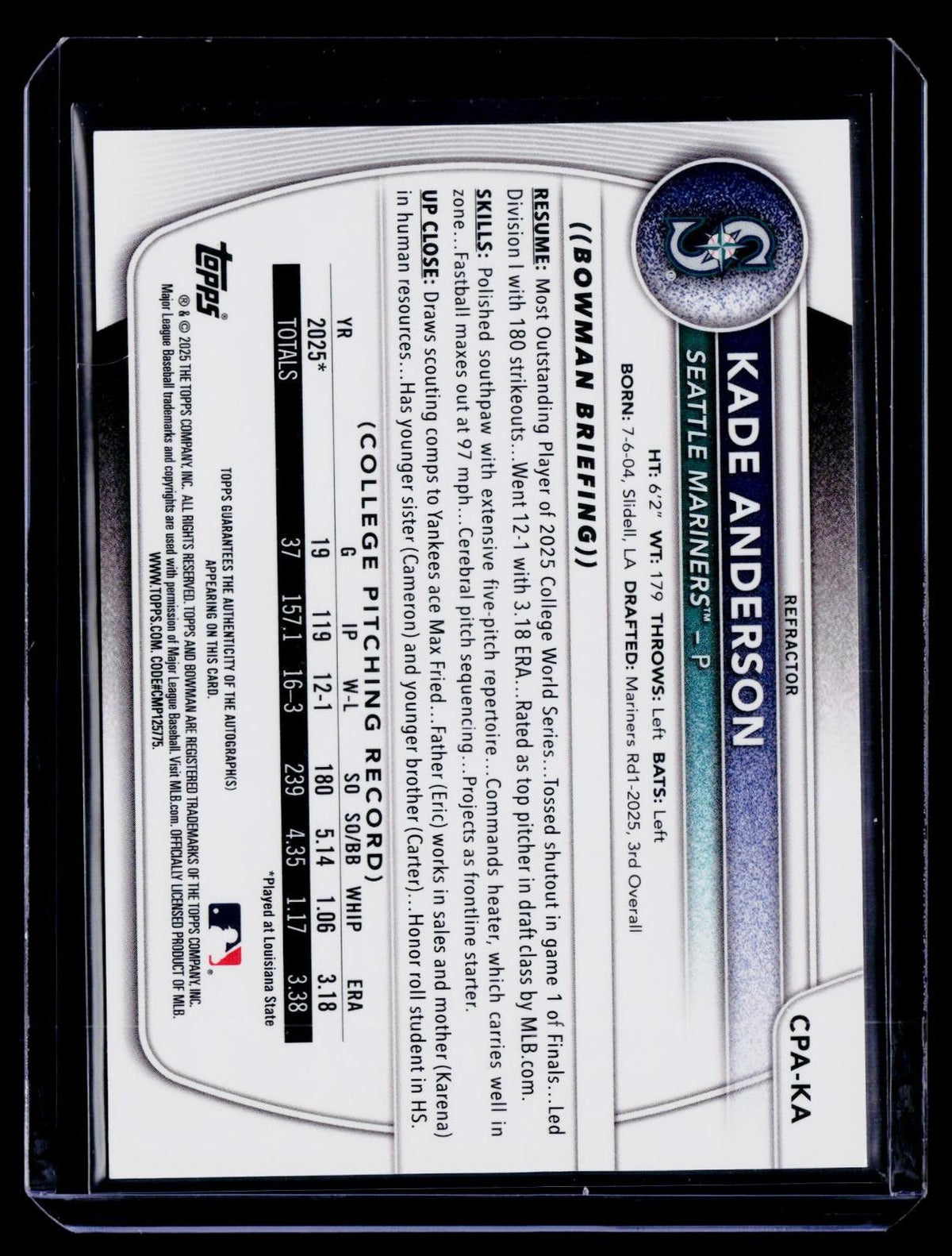 25 Bowman Draft #CPA-KA Kade Anderson Chrome Prospect Autographs Refractor #/499