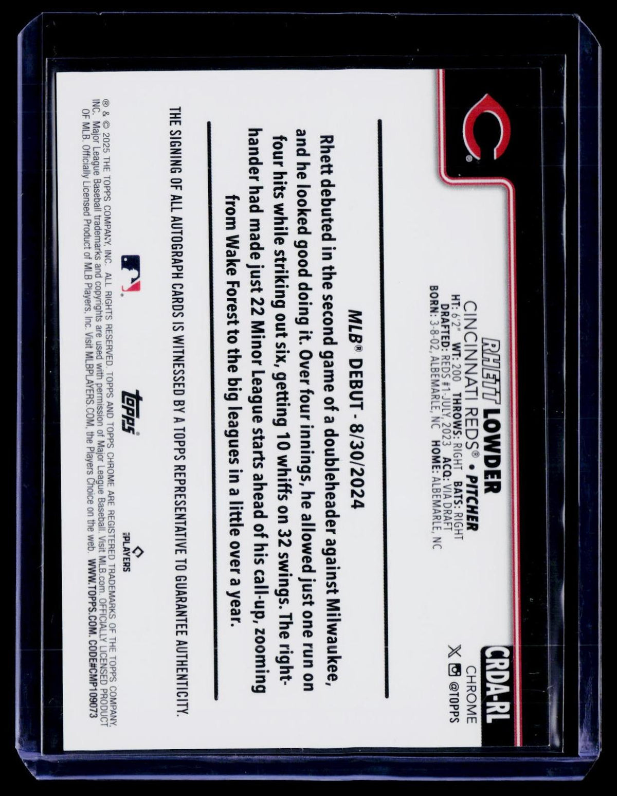 2025 Topps Chrome Update #CRDA-RL Rhett Lowder RC Autograph Blue Refractor #/150