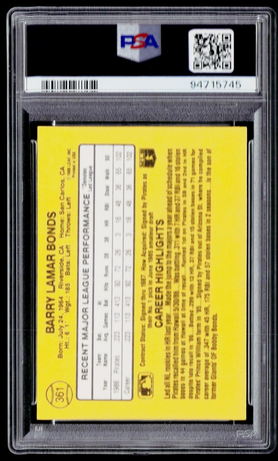 1987 Donruss #361 Barry Bonds PSA 9