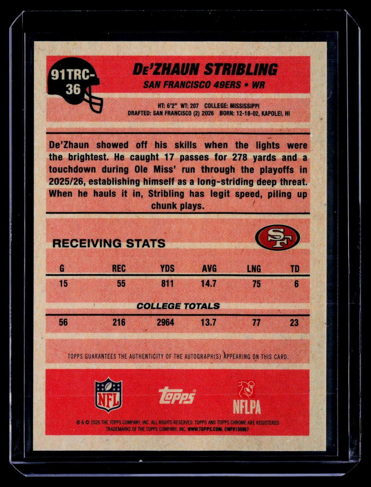 2026 Topps Flagship #91TRC-36 De'Zhaun Stribling Rookies Chrome Autographs