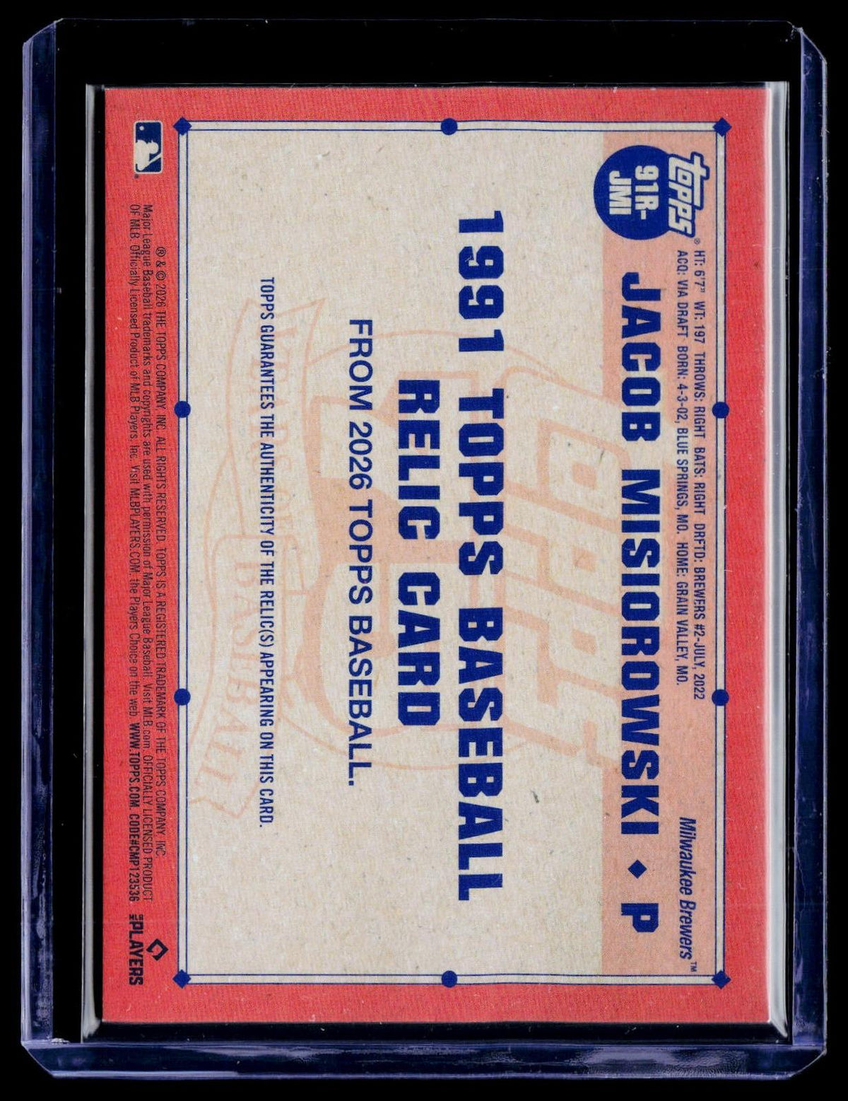 2026 Topps #91R-JMI Jacob Misiorowski 35th Anniversary Relics (Series One)