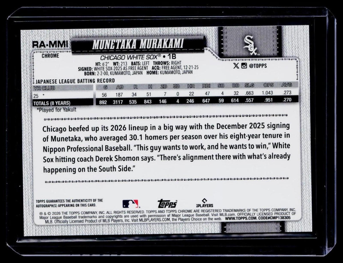 2026 Topps Chrome #RA-MMI Munetaka Murakami Rookie Autograph Logofractor #/99