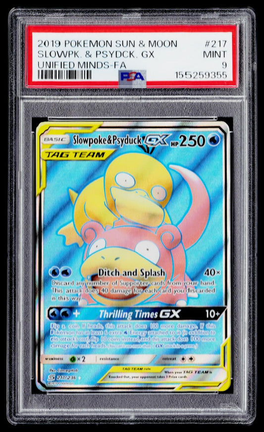 SM - Unified Minds #217/236 Slowpoke & Psyduck GX (Full Art) PSA 9