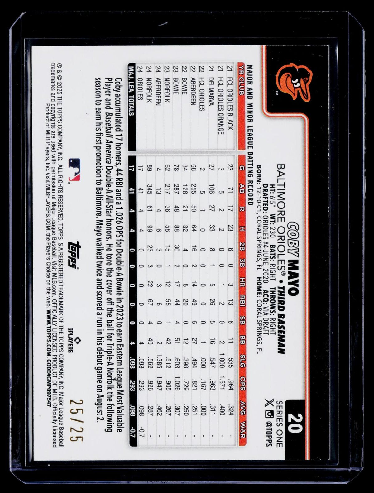 2025 Topps #20 Coby Mayo Wood #/25