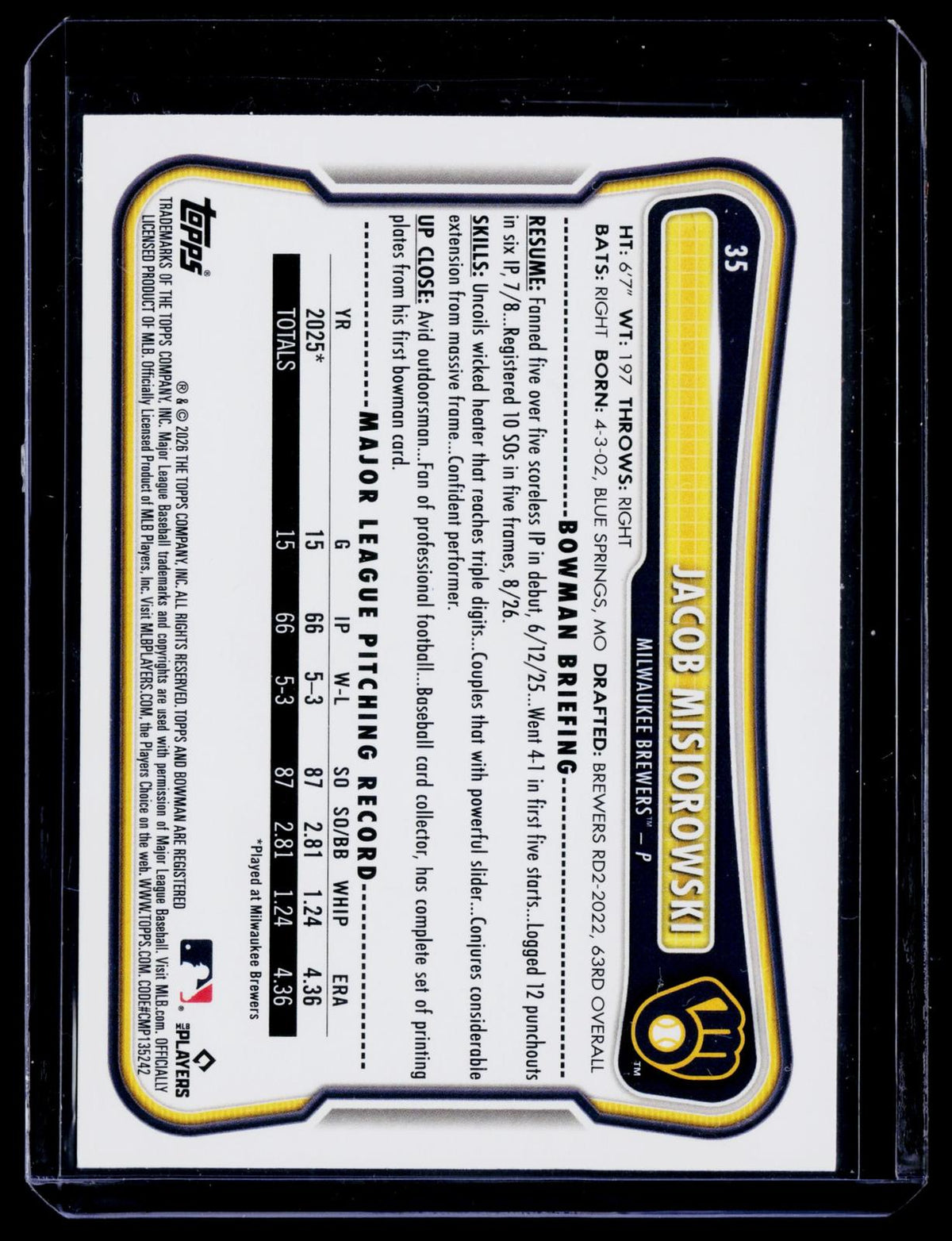 2026 Bowman #35 Jacob Misiorowski Purple #/250