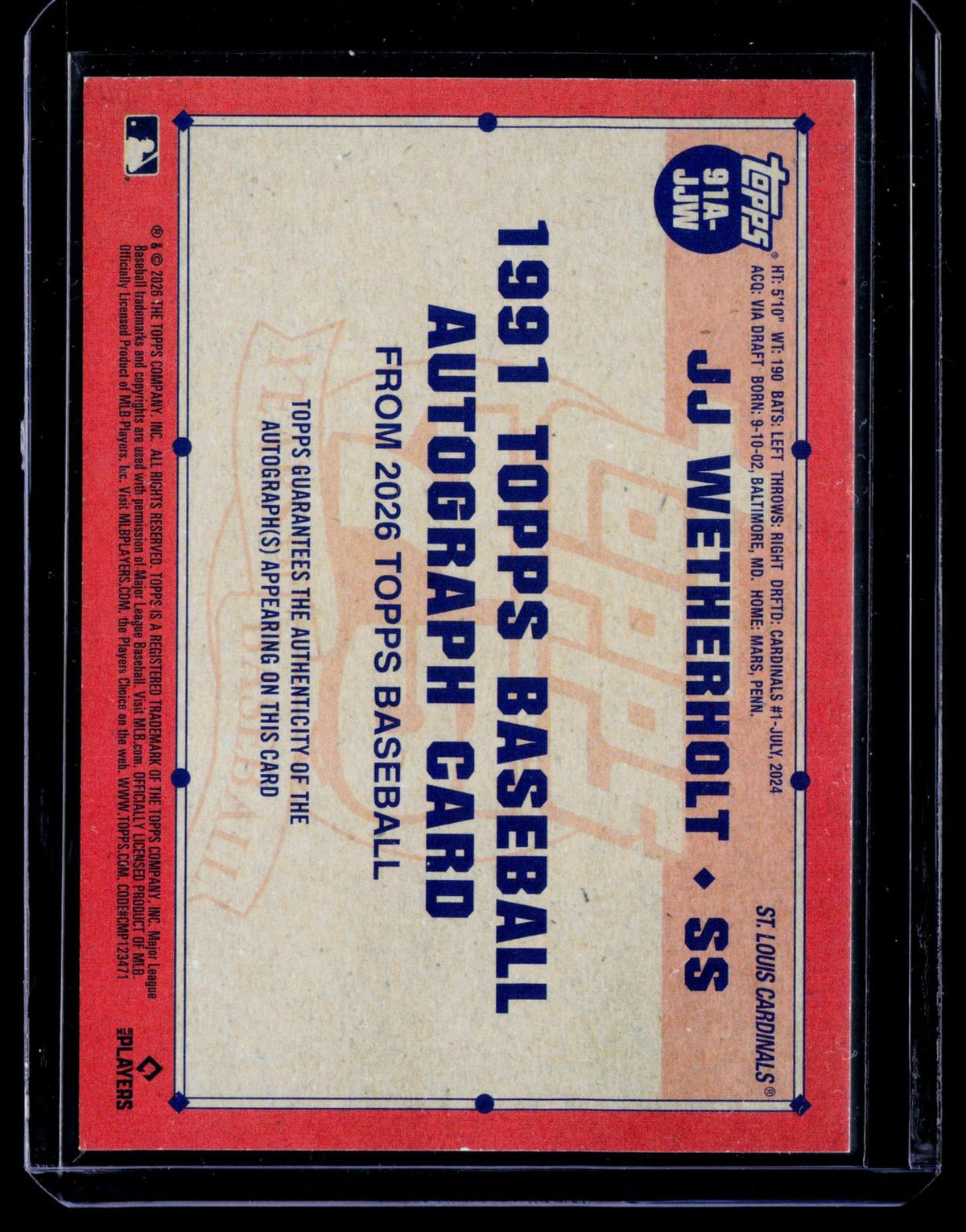 2026 Topps #91A-JJW JJ Wetherholt 1991 Topps Anniversary Blue (Series Two) #/150