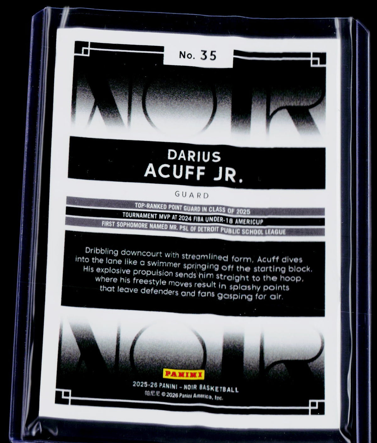 2025-26 Panini Noir #35 Darius Acuff Jr. Purple Parallel #/35