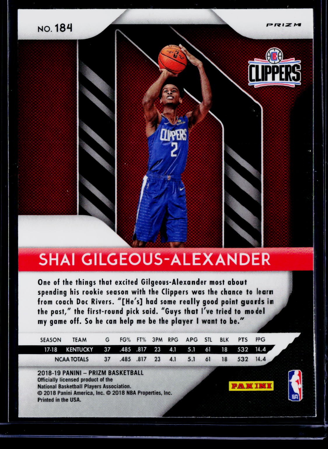 2018-19 Panini Prizm #184 Shai Gilgeous-Alexander Prizm Pink Ice