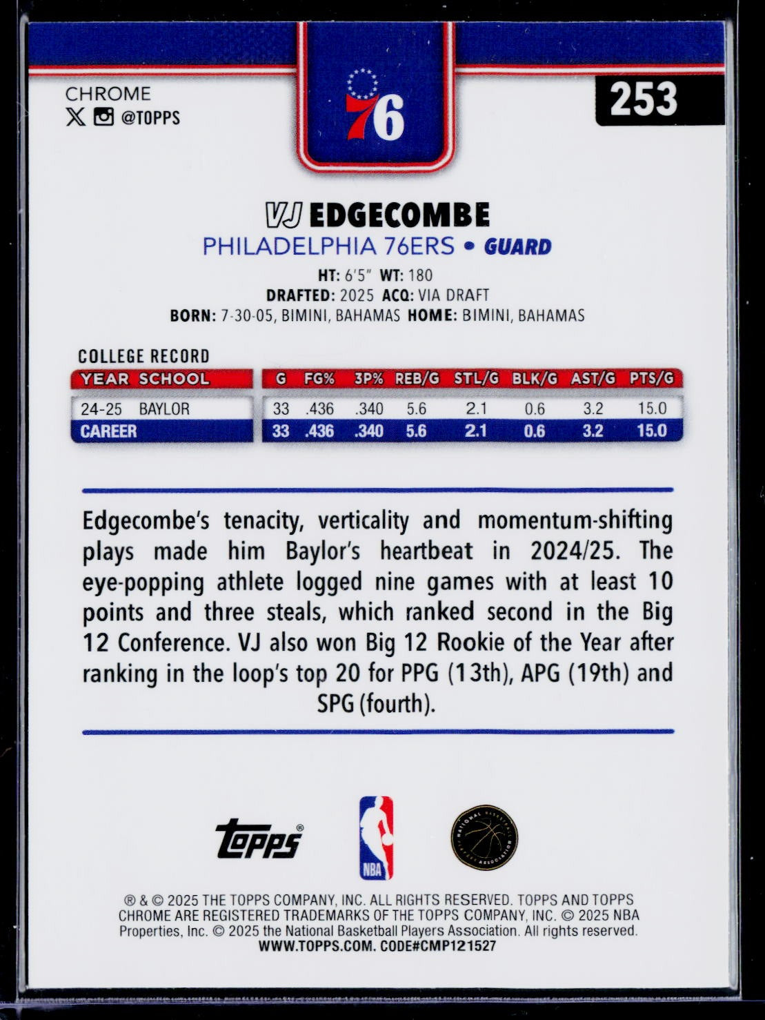 2025-26 Topps Chrome #253 VJ Edgecombe X-Fractor