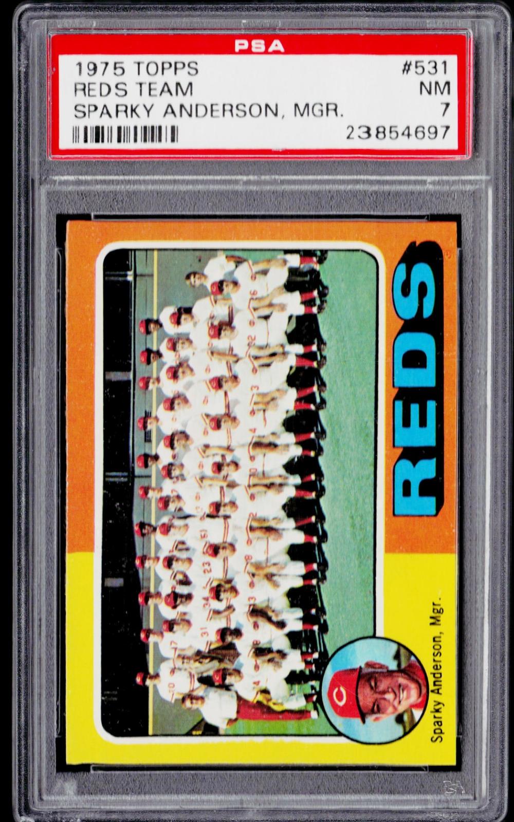 1975 Topps #531 Cincinnati Reds/Sparky Anderson Team Checklists White Back PSA 7