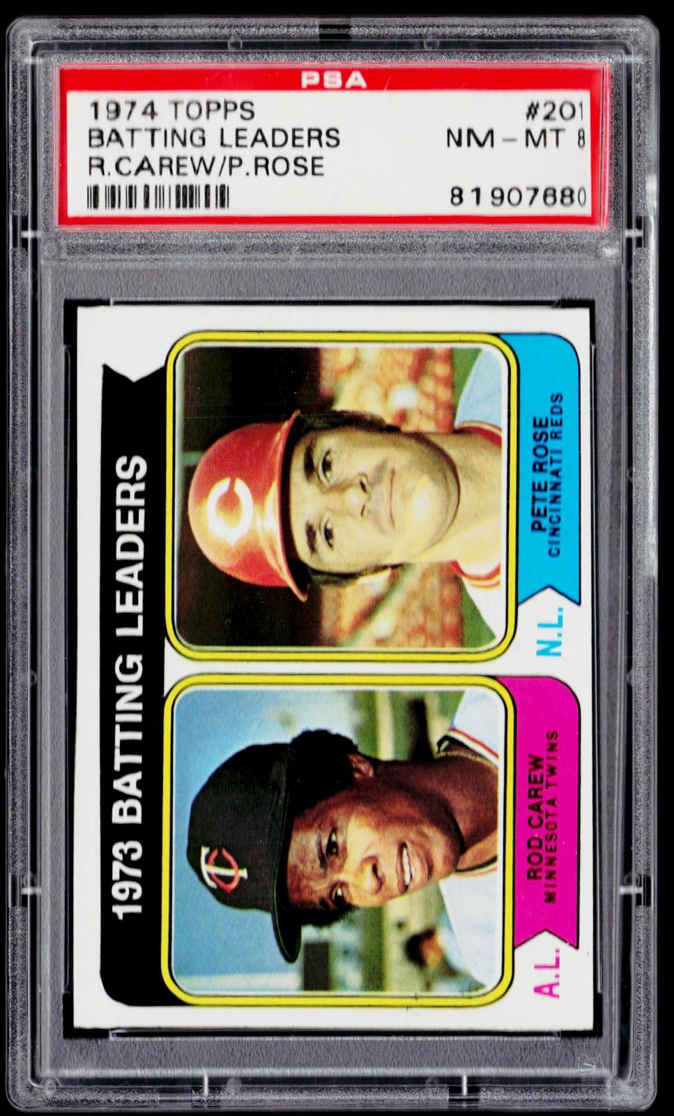1974 Topps #201 1973 Batting Leaders (Rod Carew / Pete Rose) PSA 8