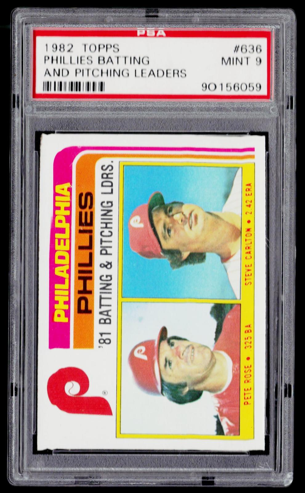 1982 Topps #636 Phillies Leaders / Checklist (Pete Rose / Steve Carlton) PSA 9