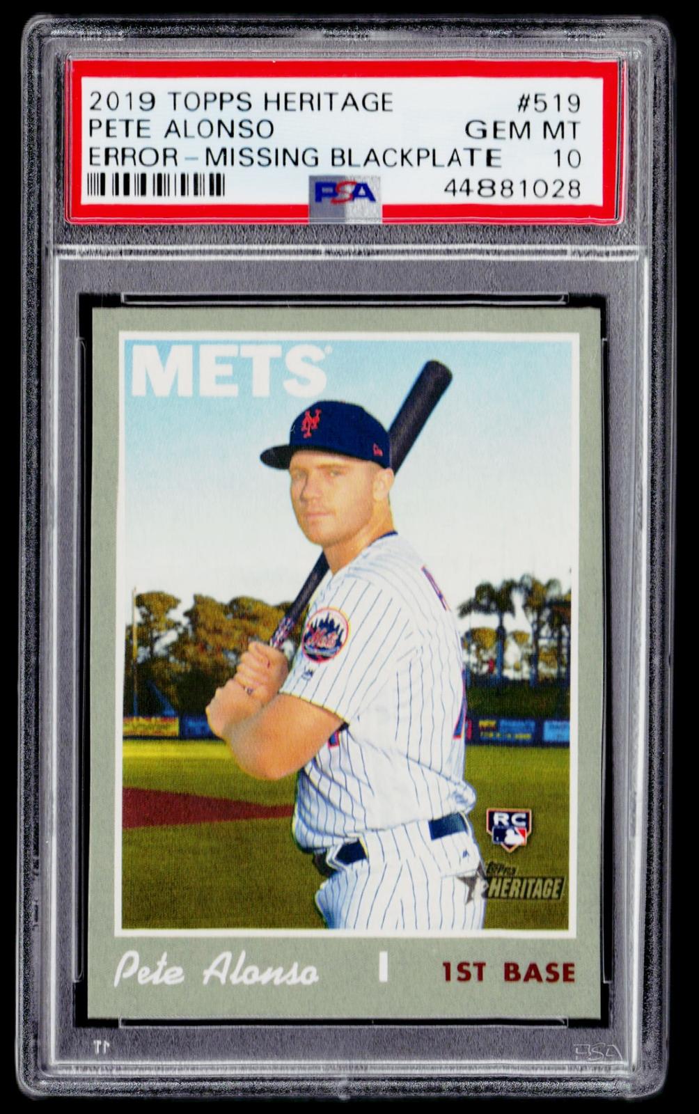 2019 Topps Heritage #519b Pete Alonso Error - Missing Blackplate PSA 10