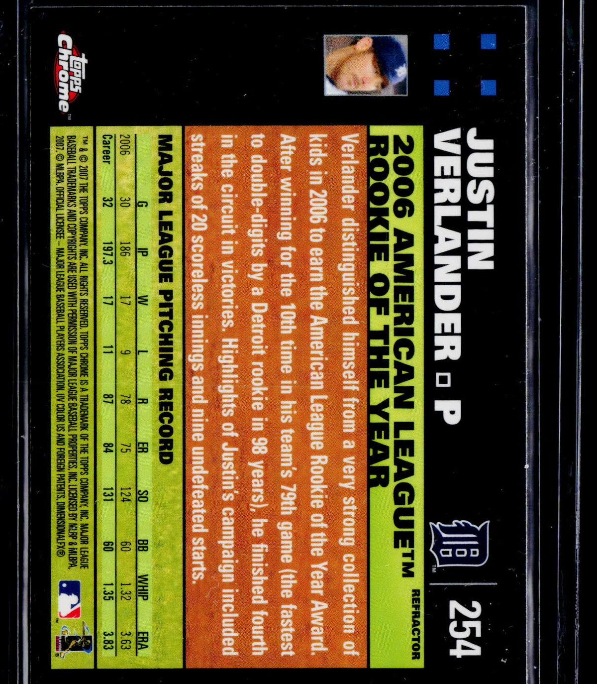 2007 Topps Chrome #254 Justin Verlander Refractor