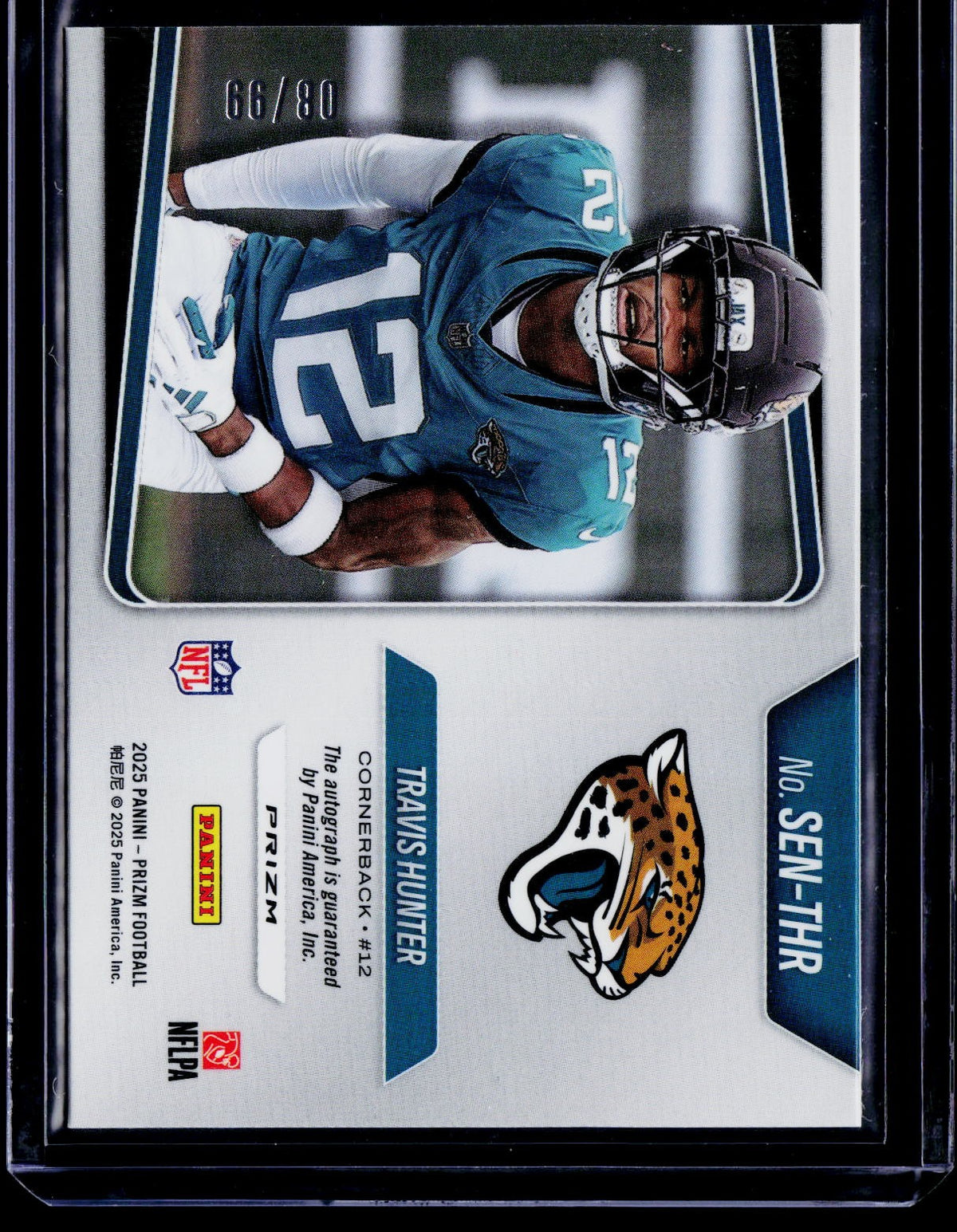 2025 Panini Prizm #SEN-THR Travis Hunter Sensational Signatures Blue Ice #/99