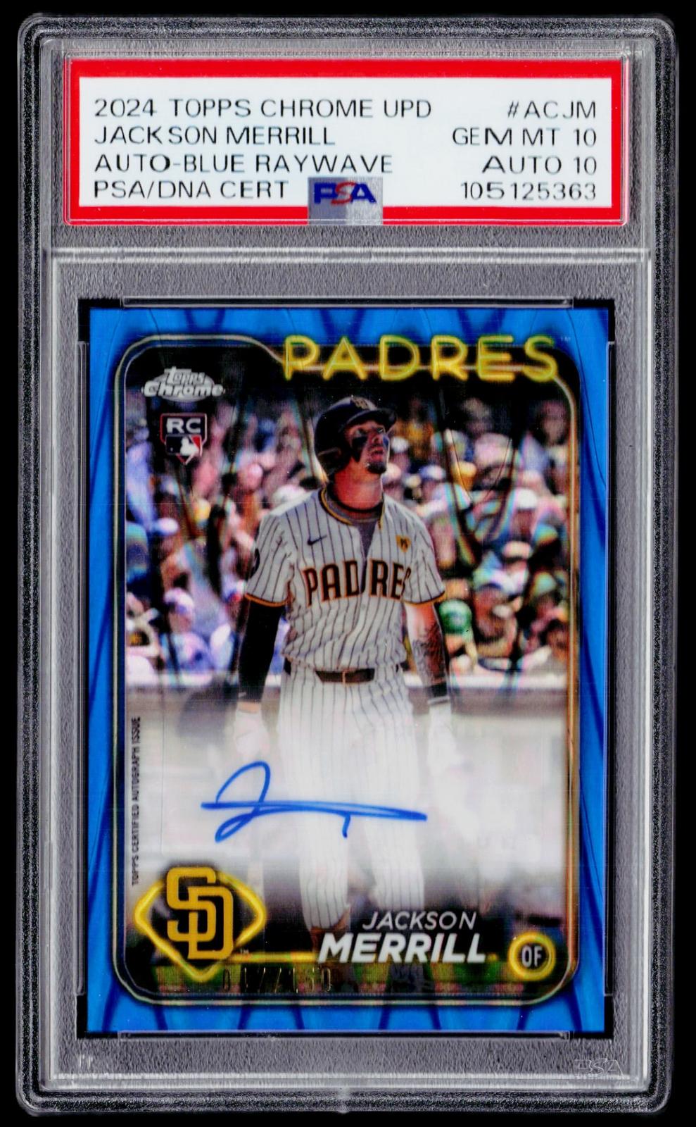 2024 Chrome Update #AC-JM Jackson Merrill Auto Blue RayWave PSA 10 Auto 10 #/150