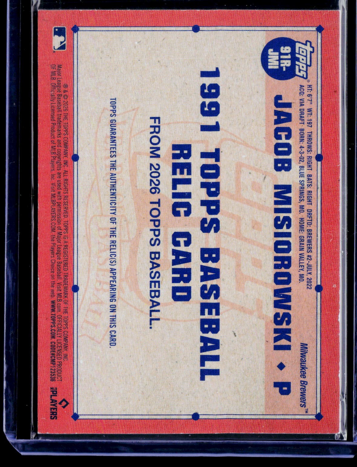 2026 Topps #91RJMI Jacob Misiorowski 1991 Topps Baseball 35th Anniversary Relics