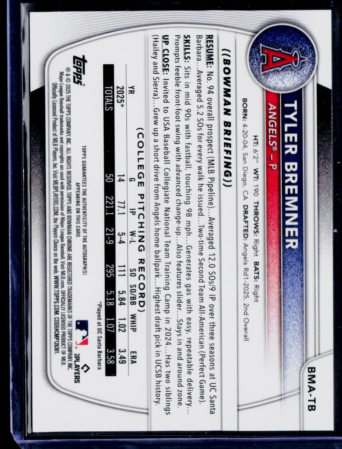 2025 Bowman Draft #BMA-TB Tyler Bremner Prospect Auto Green Mojo Refractor #/99
