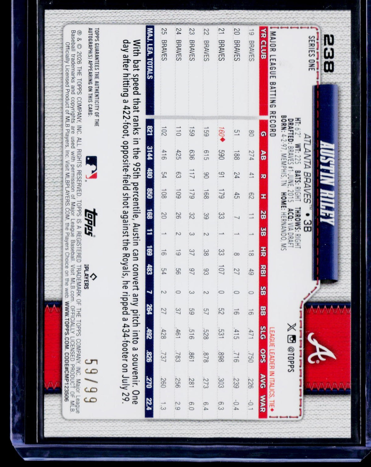2026 Topps #238 Austin Riley Flagship Real One Autographs