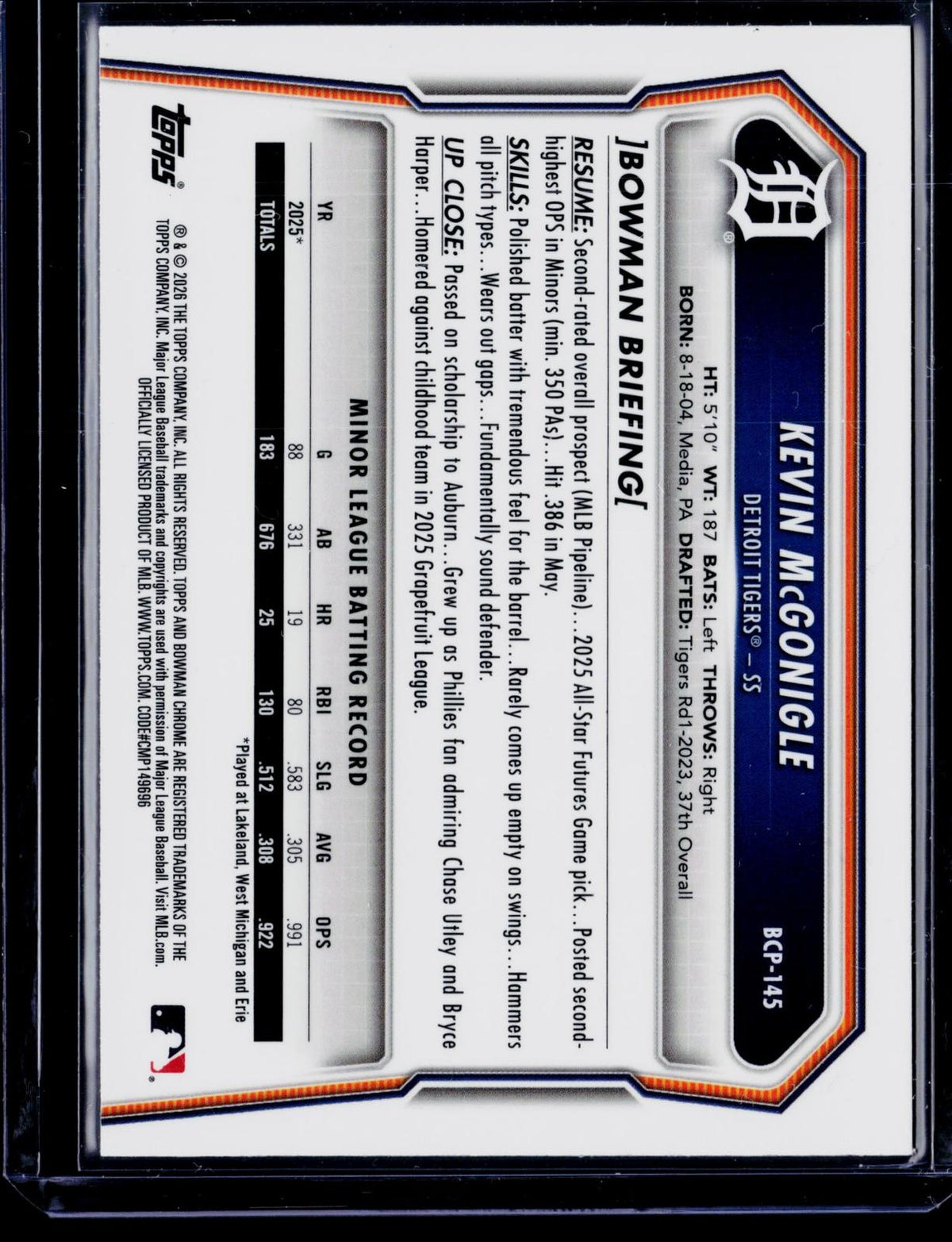 2026 Bowman #BCP-145 Kevin McGonigle Chrome Prospects Mojo Blue Refractor #/499