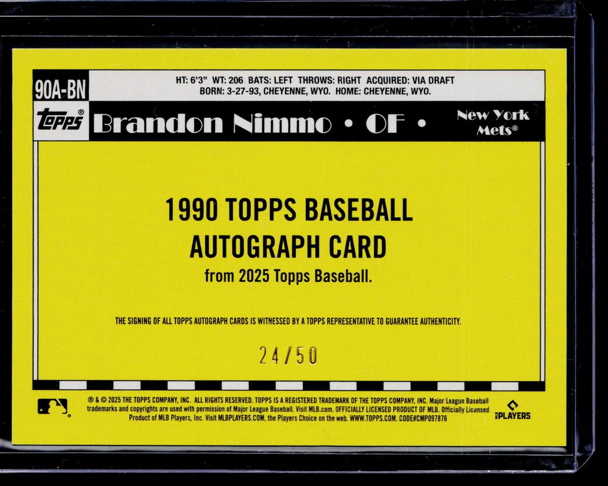 2025 Topps #90A-BN Brandon Nimmo 1990 Topps Autographs Gold (Series One) #/50