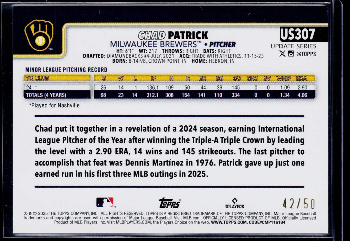 2025 Topps Update #US307 Chad Patrick Canvas #/50