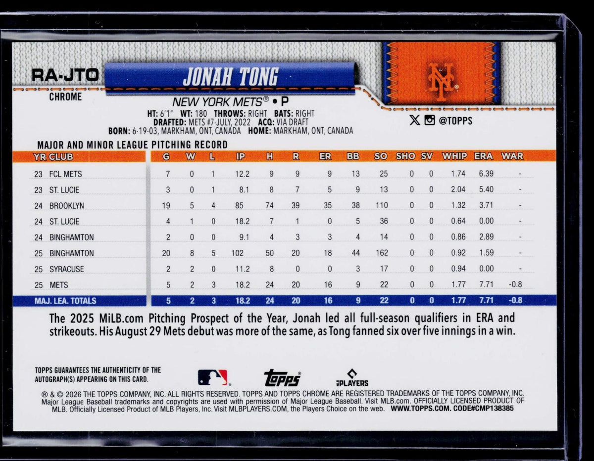 2026 Topps Chrome Sapphire Edition #RA-JTO Jonah Tong Sapphire Rookie Autographs
