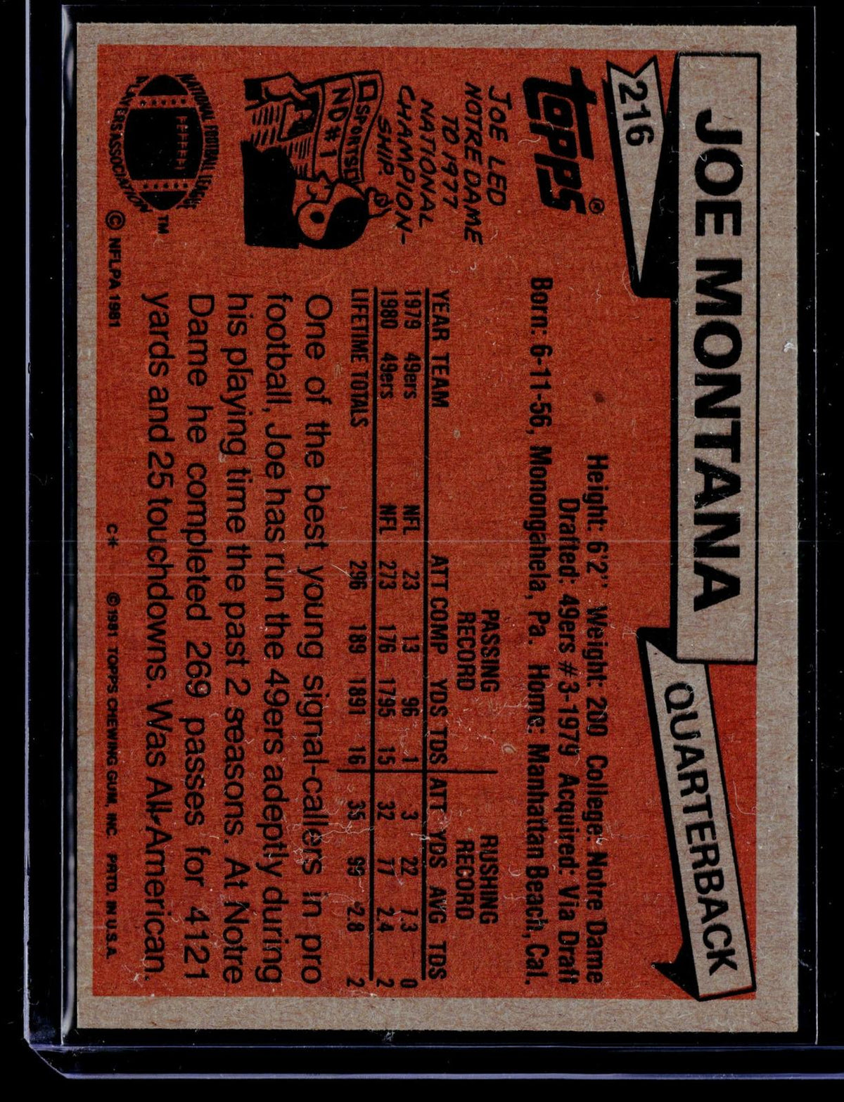 1981 Topps #216 Joe Montana