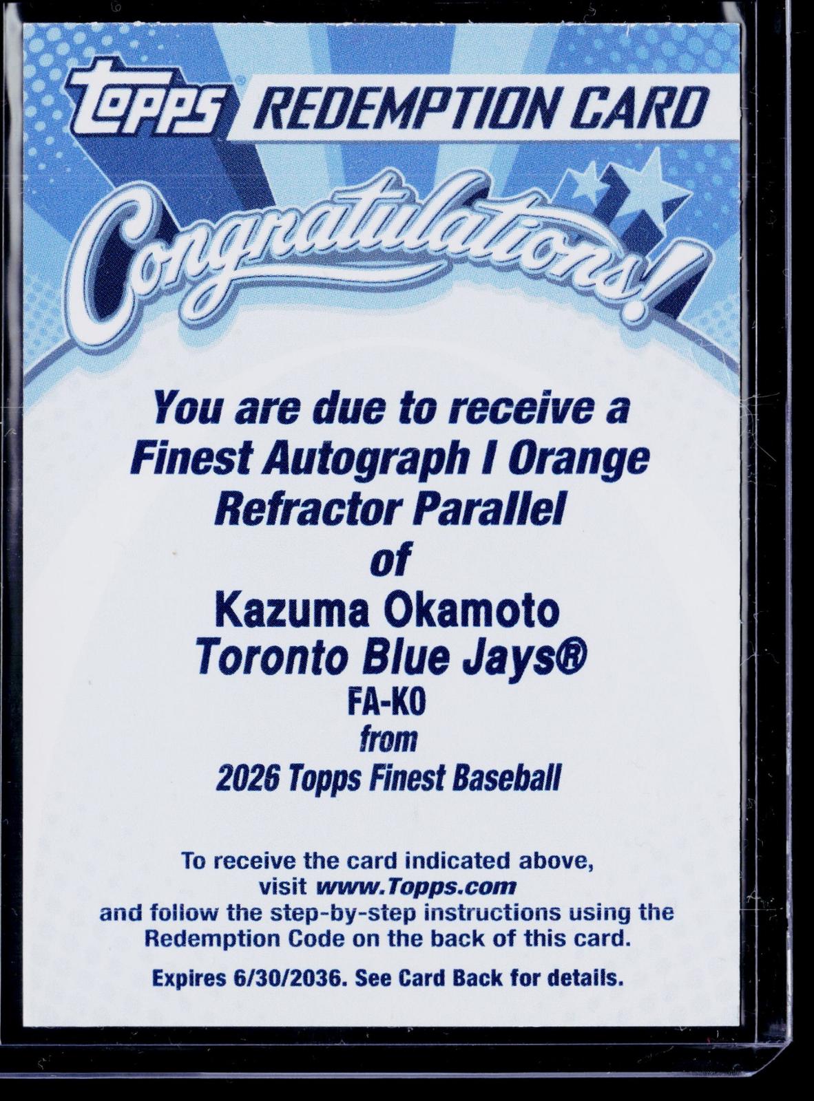 2026 Topps Finest #BCRA-EST Kazuma Okamoto Autograph Orange Refractor Redemption